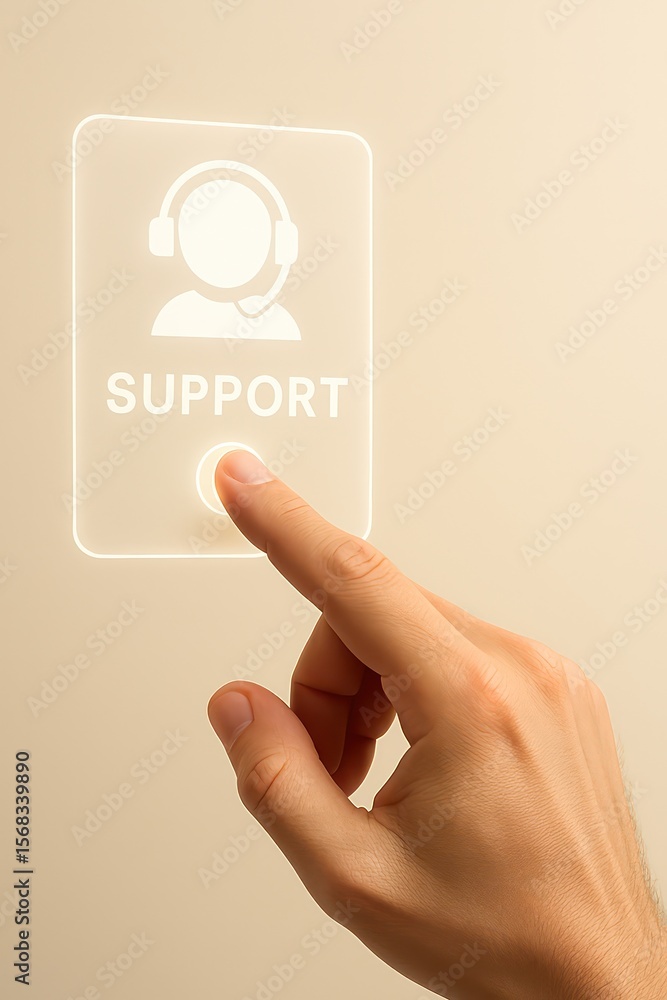Poster a hand points a support button, offering assistance through technology. perfect for showcasing custo