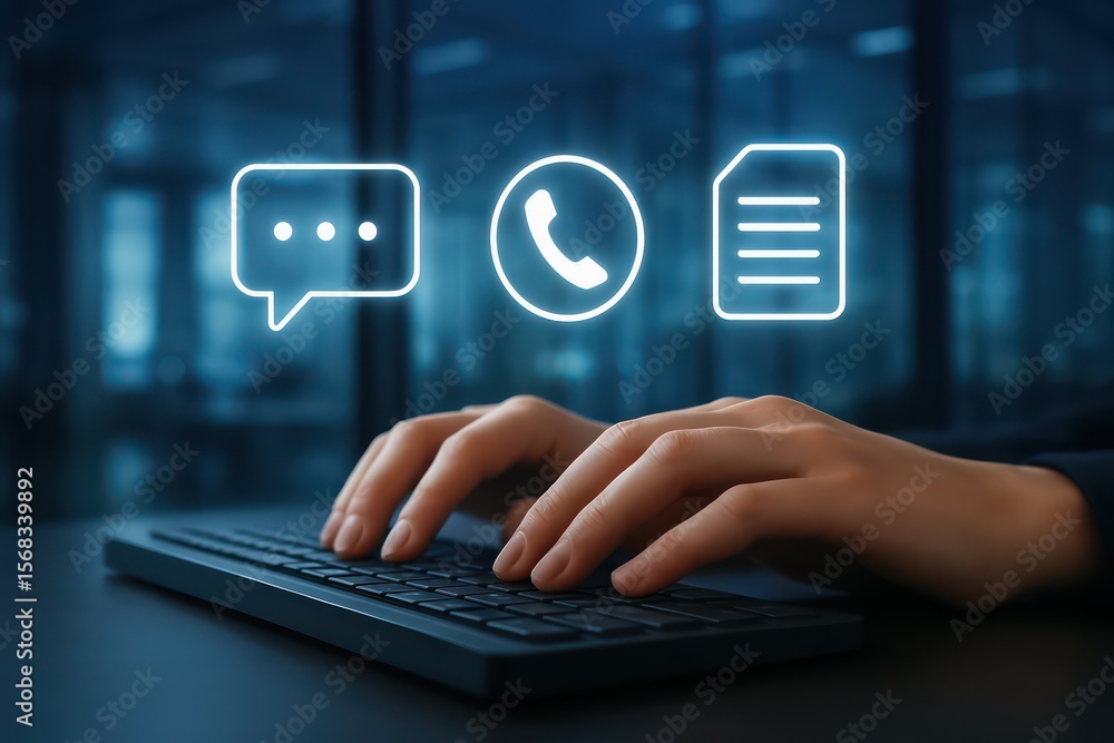 Poster hands typing on a keyboard with digital icons of chat, phone, and document hovering above, symbolizi