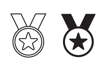 Set of two star medals one outlined and one solid black isolated on white background