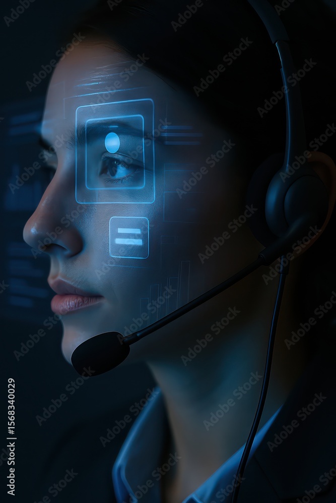 Poster a determined woman wears a headset and interacts with an interactive digital interface overlay, hint