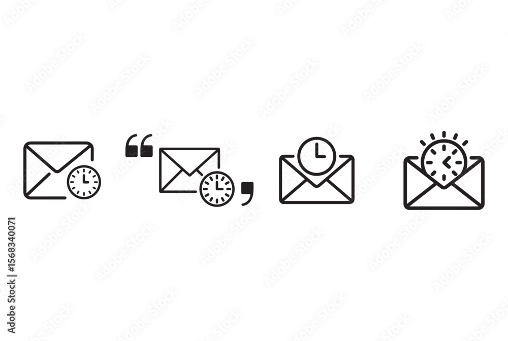 Poster set of four email icons with clocks representing time sensitive communication isolated on white back