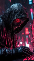 Mysterious figure in a hooded jacket engaged in hacking activity on a rainy night in a neon-lit urban environment