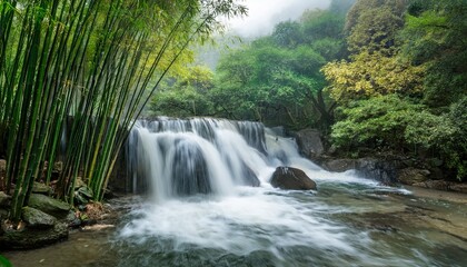 Fototapeta premium rainy season waterfall cascading through bamboo forest in anji mountains showcases nature s beauty