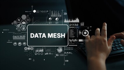 Digital Concept of Data Mesh with Visualizations and Analytics on Computer Screen. Asymptotic smart data analytic.