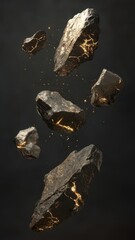 Floating rocks with glowing veins in dark background create a mystical atmosphere