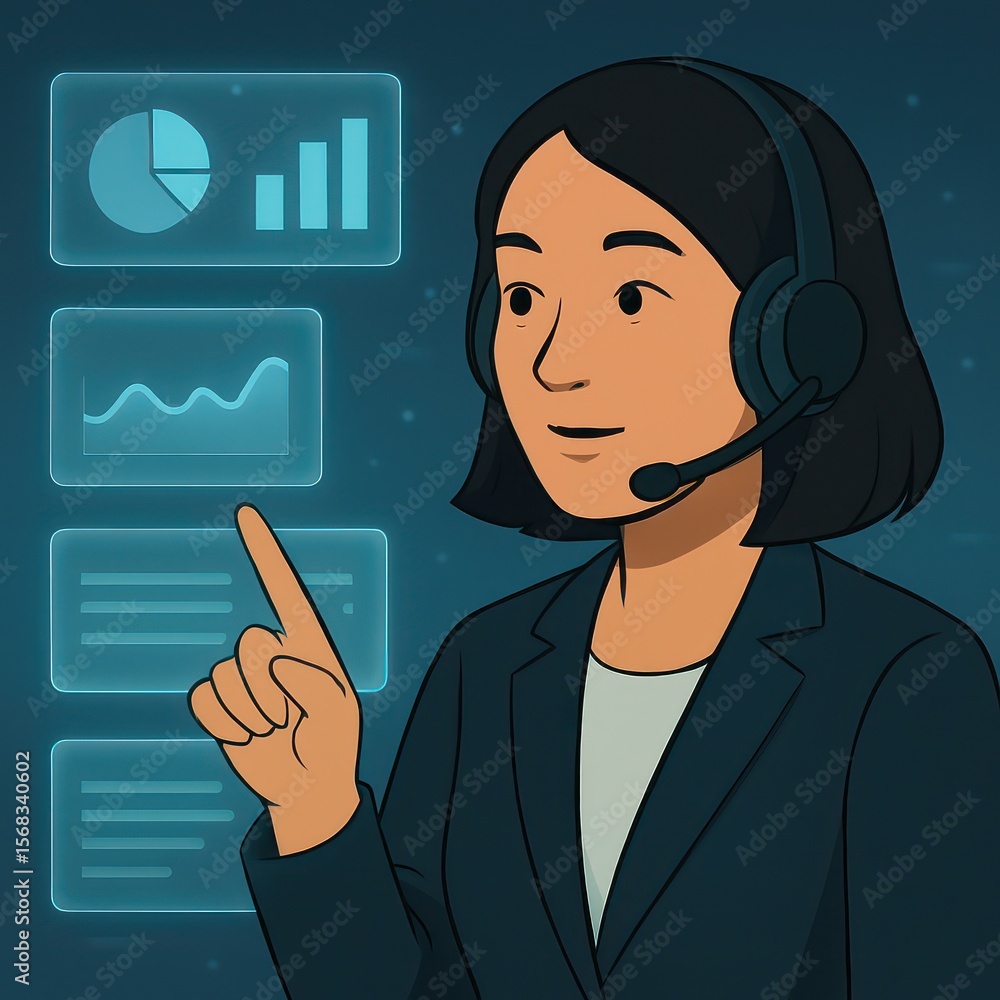 Poster a customer service representative interacts with data visualization, representing a commitment to ex