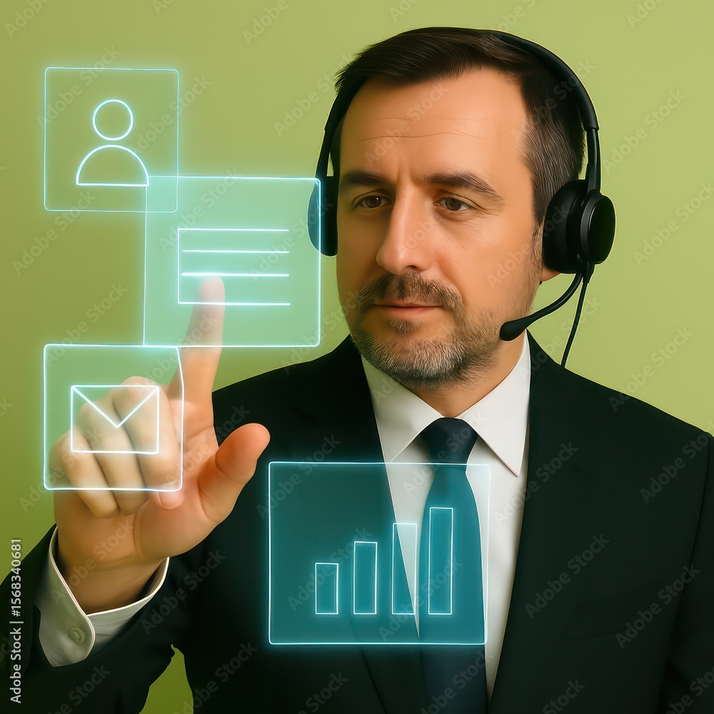 Aufkleber an insightful man in a suit, his headset on, he appears to be connecting with a customer in the offi