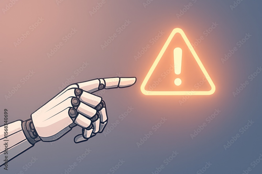 Aufkleber a futuristic robotic hand pointing towards a glowing attention symbol, symbolizing technological war
