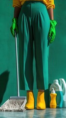 Bright cleaning attire complements vibrant backdrop in indoor cleaning setup