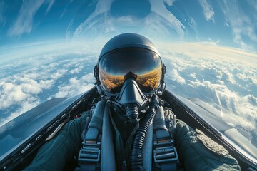 Fighter pilot flying at high altitude above the clouds during a clear day