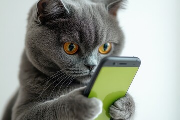 Cat curiously examines smartphone screen while sitting in bright room during afternoon