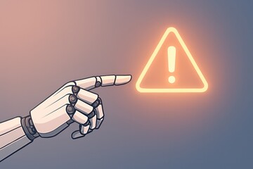 A futuristic robotic hand pointing towards a glowing attention symbol, symbolizing technological warnings or caution in the realm of innovation.