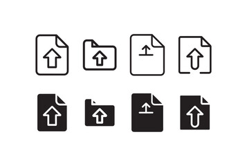 Collection of upload icons with arrows and files or folders isolated on white background