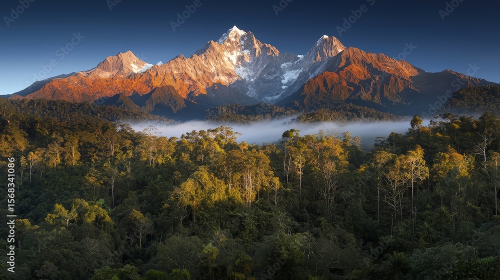 Poster mountain range with a foggy mist in the foreground. the mountains are covered in trees and the sky i