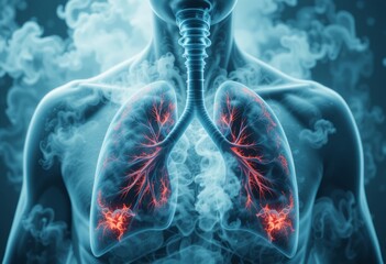 System showcasing patients with respiratory or human lung diseases, bad air, dust, tuberculosis, lung cancer, emphysema, cough from the flu, and viral infections. Double Exposure lungs, 8k