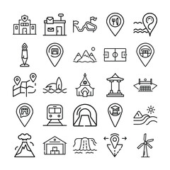 Line art icons depicting various locations and points of interest