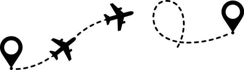 Obraz premium Black airplanes and location markers on dotted flight paths travel journey