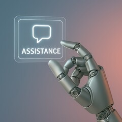 An innovative robot hand delicately touches a glowing "ASSISTANCE" icon, representing a blend of technology and support in a futuristic style. 