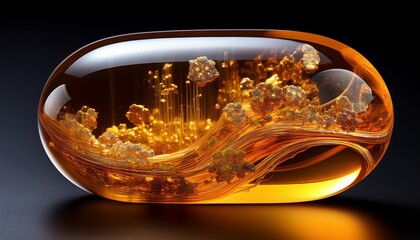 oval translucent amber capsule containing radiant golden crystalline structures