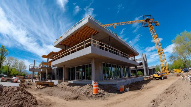 Modern construction site showcases multi story building development with cranes, workers, and bright blue skies, highlighting architecture