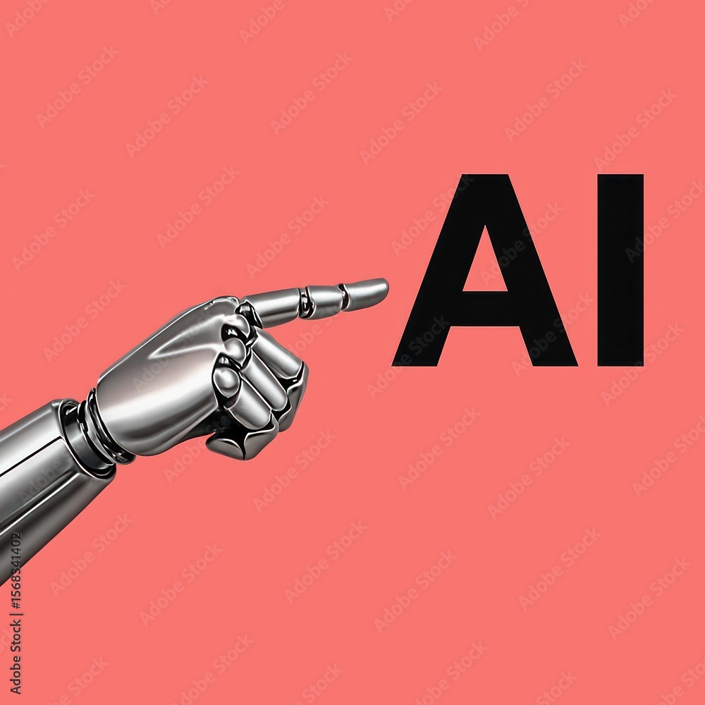 Aufkleber an artificial intelligence (ai) concept features a metallic robotic hand pointing at the 