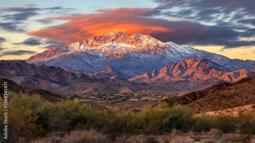 Poster mountain range with a snow covered peak and a red and orange sky. the mountains are covered in snow 
