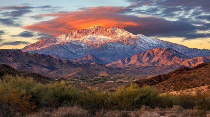Mountain range with a snow covered peak and a red and orange sky. The mountains are covered in snow and the sky is filled with clouds