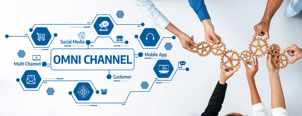 Innovative imagery depicting teamwork for omni-channel marketing strategy, featuring gears and...