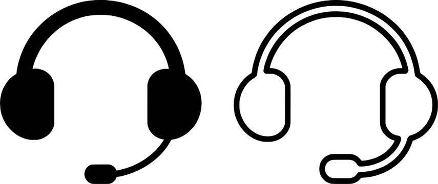 Black and white headset icons with microphone communication audio
