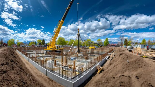 Construction site showcasing crane lifting materials over foundation under bright blue sky with fluffy clouds and surrounding trees