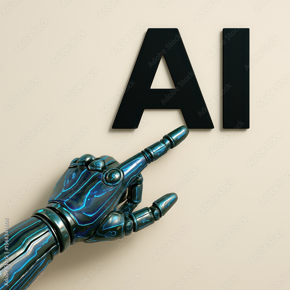 Poster an image showing a futuristic robotic hand pointing at ai text, symbolizing the intersection of tech