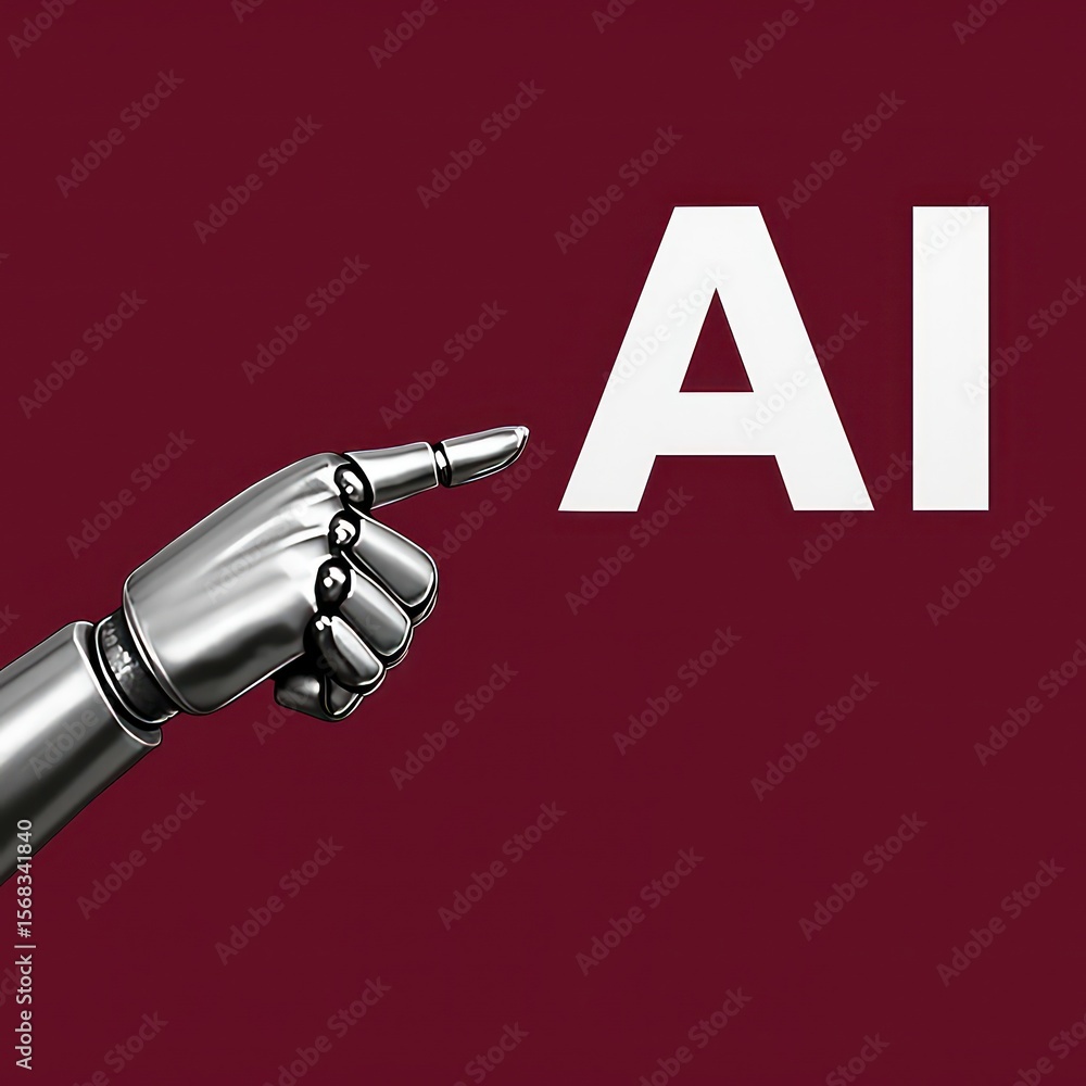 Aufkleber a robotic hand points towards bold letters 