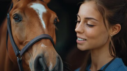 Charming equine encounter with beautiful woman petting horse in stable, affectionate bonding moment. Equine encounter shows emotional exchange, and petting horse in stable adds authenticity.