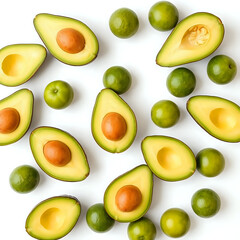 Avocado and lime fruits on white. Top view