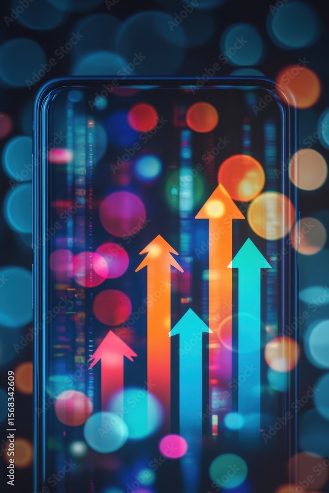 Poster smartphone with rising arrows and bokeh background