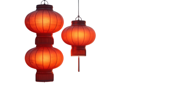 Traditional red Chinese lanterns – hanging festival lamps with warm glow. Transparent PNG. 