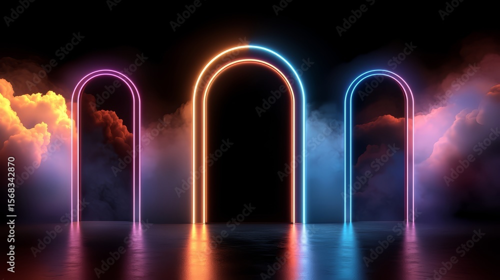 Poster neon lighted archway with three arches of different colors. the archways are lit up in neon colors a
