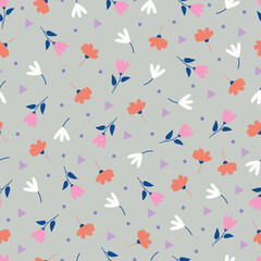 Pink white pastel flowers seamless pattern. Floral vector surface design of Scandinavian flowers and polka dots