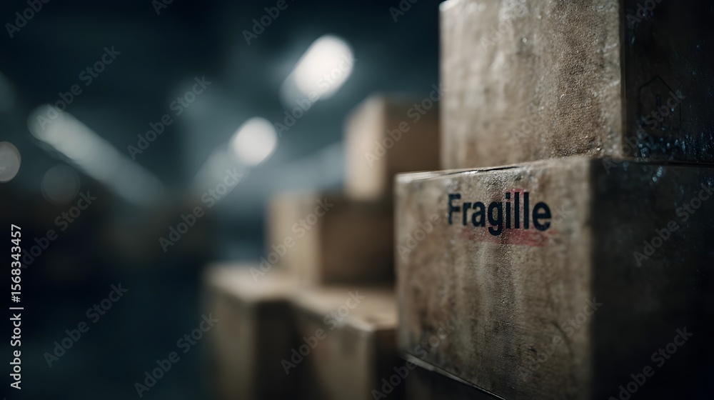 Poster stacked fragile boxes in the corner of a warehouse
