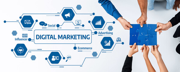 Dynamic image of hands collaborating on digital marketing strategies, illustrating key concepts...
