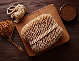top view of a dried gourd scrubber product on a table with ample copy space