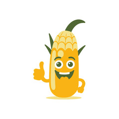 Cute Corn Character Giving Thumbs Up-Cartoon Corn Mascot with Happy Expression-Healthy Eating and Agriculture Illustration-Vector Corn Design for Kids