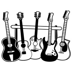 Fototapeta premium Collection of Guitars – Acoustic and Electric Musical Instruments for Rock, Jazz, and Blues