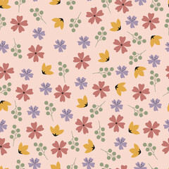 Pink yellow pastel flowers seamless pattern. Floral vector surface design of Scandinavian flowers
