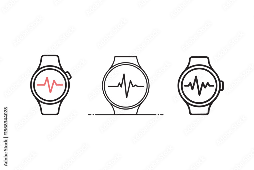 Poster three simple line icons of smartwatches displaying heart rate monitors isolated on white background