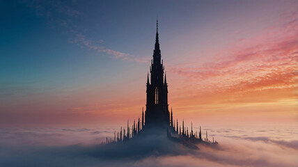 Obraz premium Surreal Spire in White Mist with Gradient Sky – Ethereal Landscape Photo (4K Ultra HD)