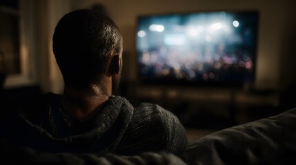 Obraz premium Man watching financial news on TV in a dimly lit living room