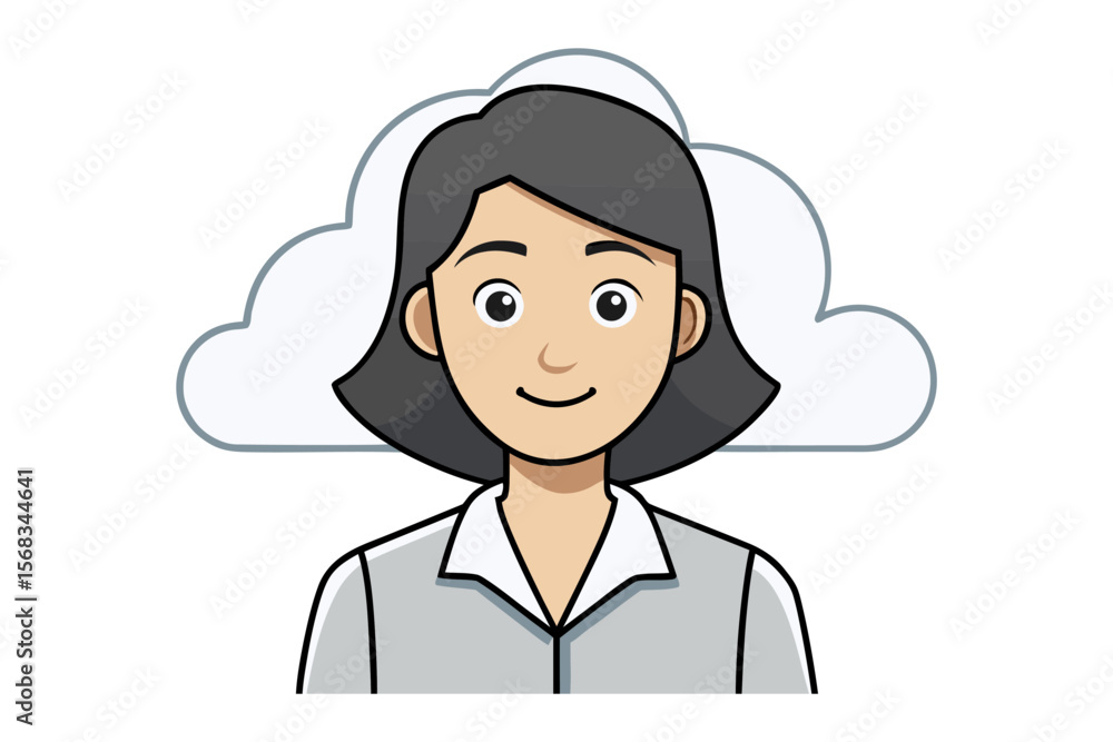 Poster cloud connection: a smiling individual stands before a digital cloud icon, representing the evolving
