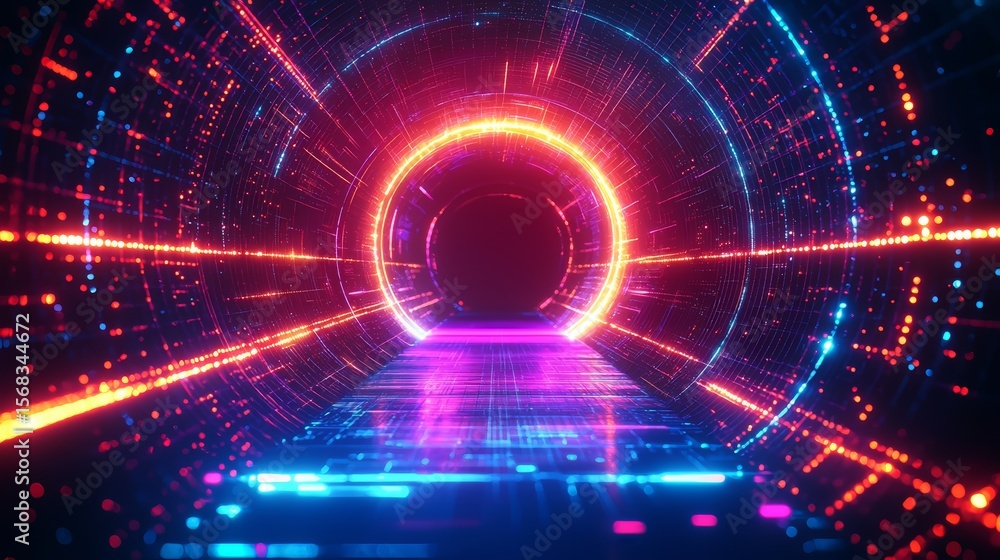 Poster neon tunnel with a glowing circle in the middle. the tunnel is filled with bright colors and the cir