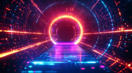 Obraz premium Neon tunnel with a glowing circle in the middle. The tunnel is filled with bright colors and the circle is surrounded by a purple and orange glow